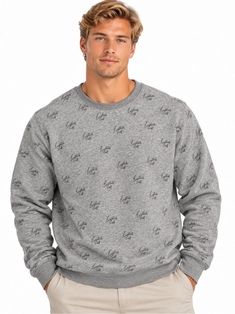 Eastside Golf All-Over Embroidered Script Logo Crew Neck Sweatshirt XL gray